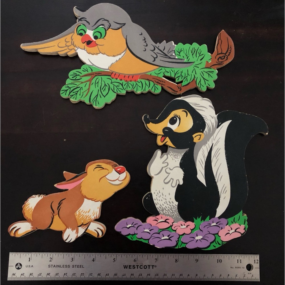 Vintage Bambi Friends Flower Owl Rabbit Wall Hanging Board Decor Nursery - Picture 5 of 6